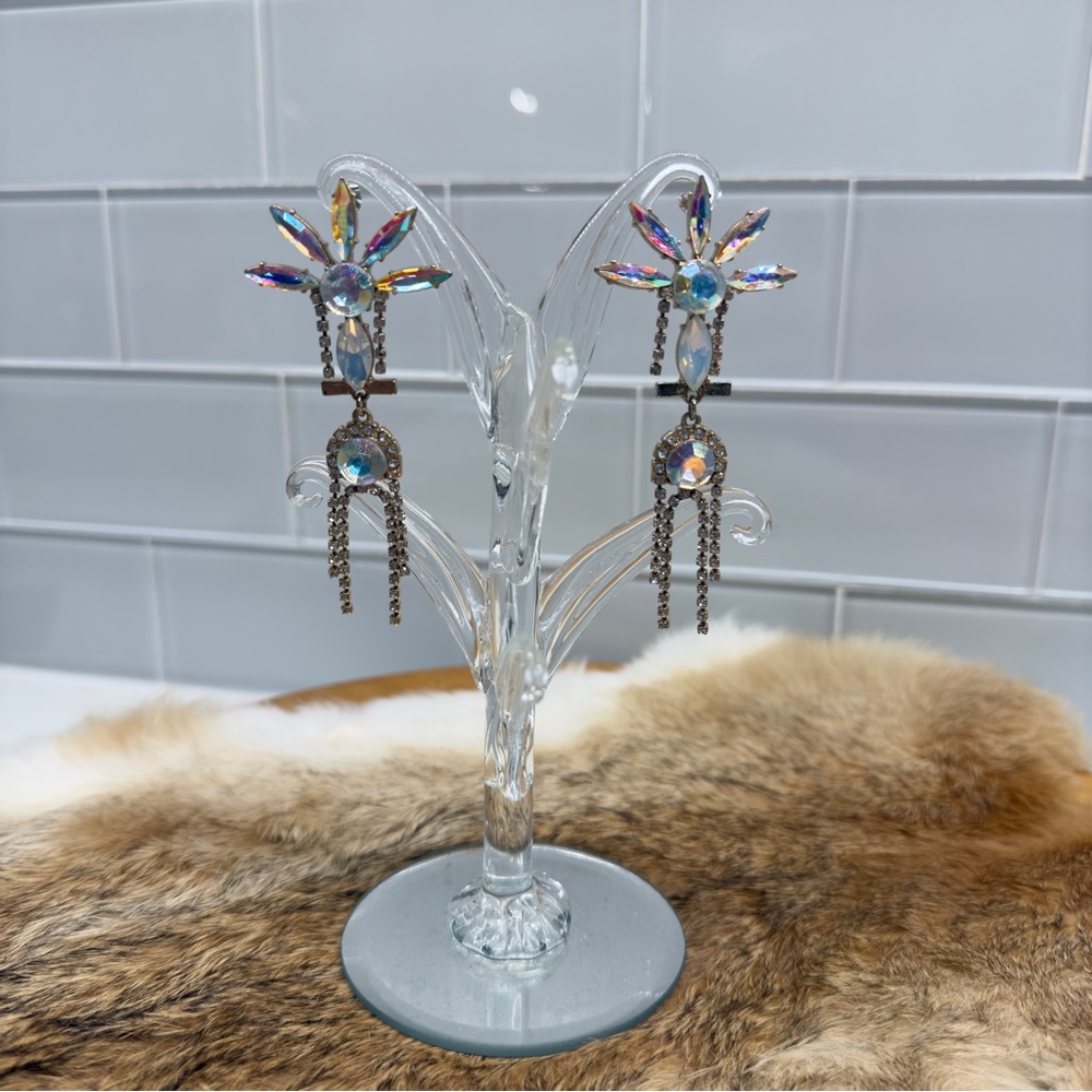 Boho Suncatcher Chandelier 1950s Style Aurora Borealis Rhinestones Earrings